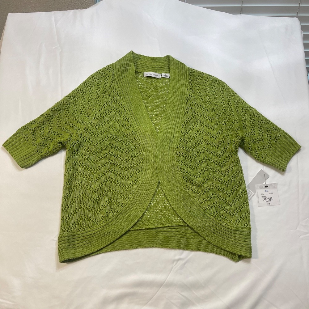 NWT Liz Claiborne XL Green Open Front Crochet Knit Cardigan Sweater Shrug